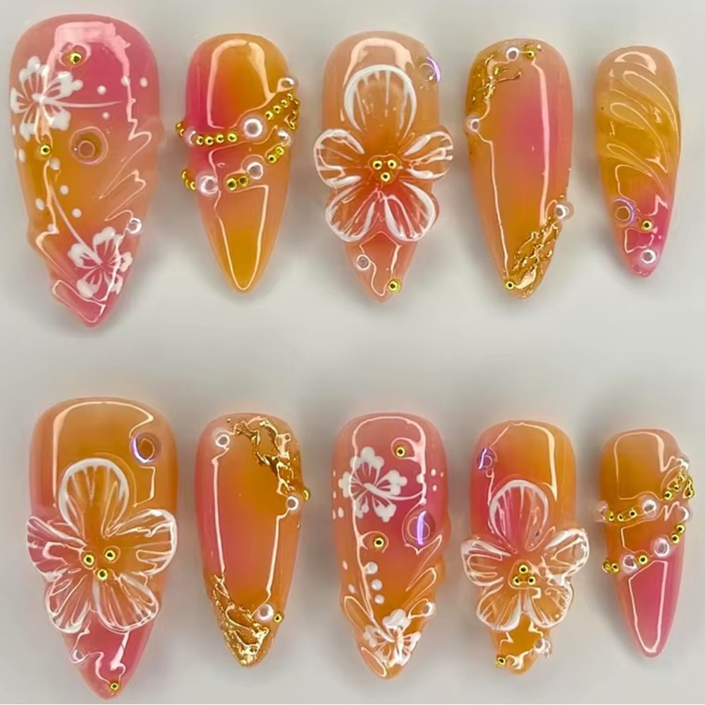 Floral Pink and Orange Nail Art Set| 24 pc set | Ombré Pink Orange with Gold Acc